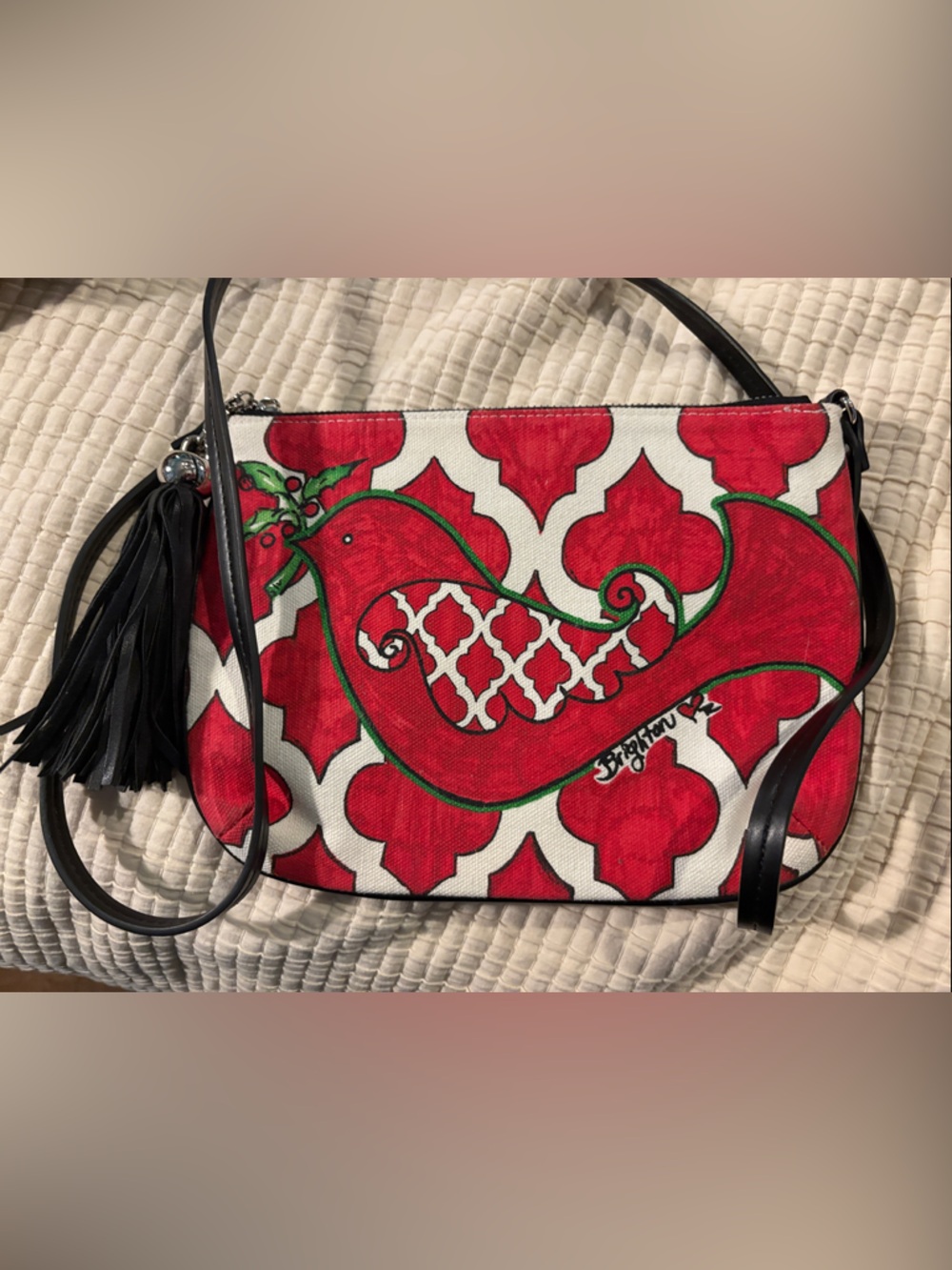 Brighton Love Dove Crossbody Bag Red White Canvas Bird Heart Tassel Purse